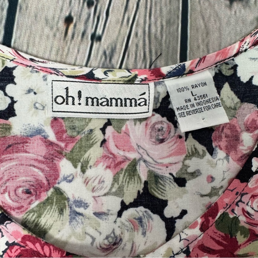 Oh! Mamma Vintage 90s Black w/ Pink Floral Rayon Babydoll Top Maternity Sz Large - Picture 2 of 8